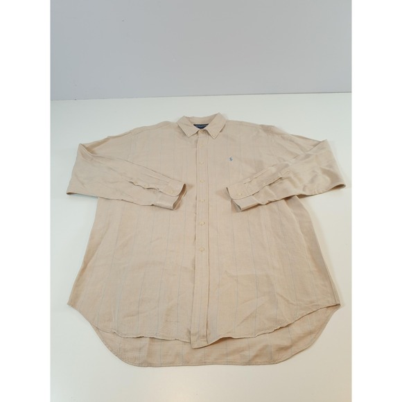 Ralph Lauren Golf Shirt Mens Extra Large Tan Blue Tilden Silk Linen Long Sleeve - Picture 1 of 11